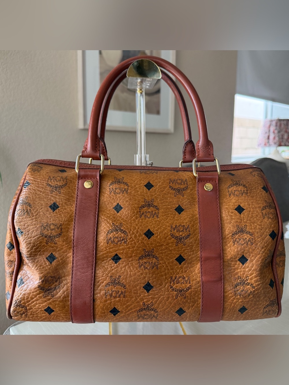 MCM Visetos Boston Speedy Satchel Bag – Cognac Brown Monogram Leather - Picture 2 of 15